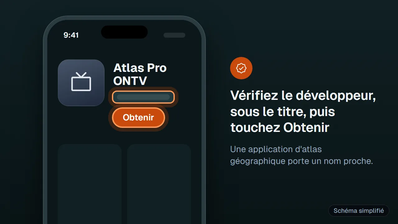Schéma : Fiche de l'application sur l'App Store avec le nom du développeur et le bouton Obtenir