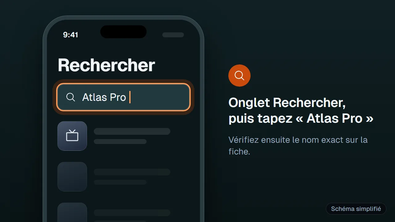 Schéma : Recherche de l'application Atlas Pro ONTV dans l'App Store d'un iPhone