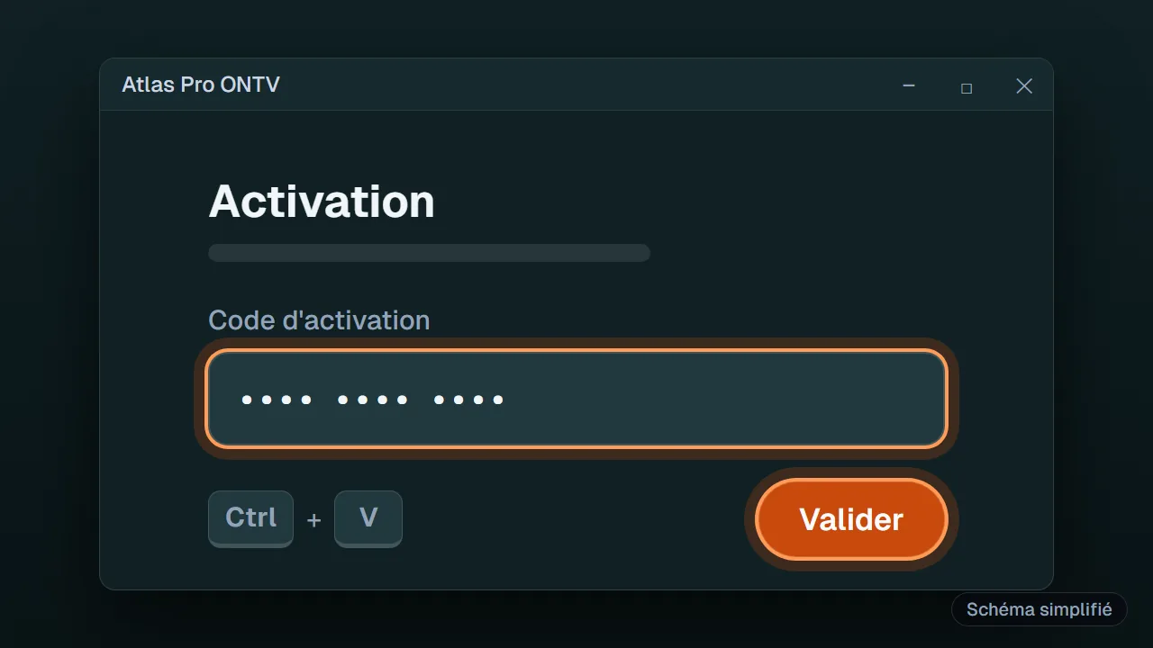 Schéma : Écran d'activation d'Atlas Pro ONTV avec le code collé, sur PC