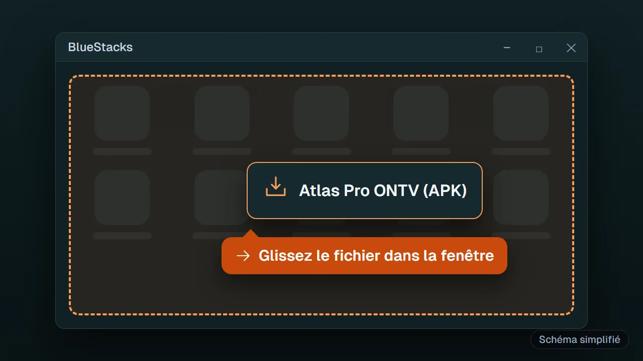 Schéma : Installation de l'APK Atlas Pro ONTV par glisser-déposer dans BlueStacks sur Windows