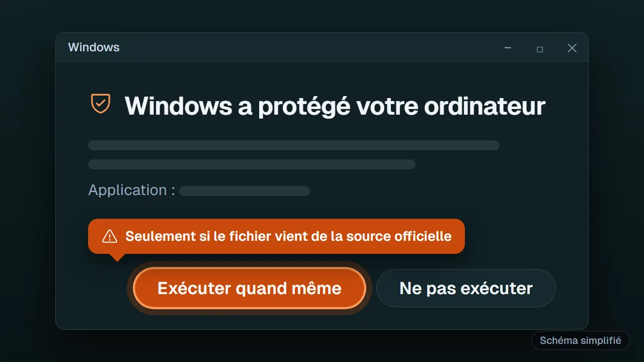Schéma : Fenêtre SmartScreen de Windows lors de l'installation de l'application Atlas Pro PC