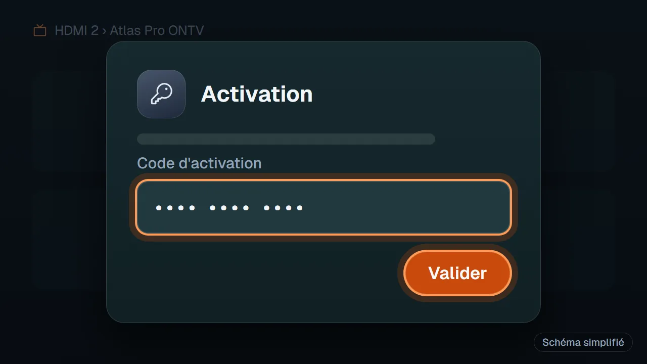 Schéma : Écran d'activation d'Atlas Pro ONTV affiché sur une TV Samsung