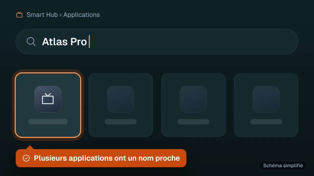 Schéma : Recherche de l'application Atlas Pro ONTV dans le Smart Hub d'une TV Samsung