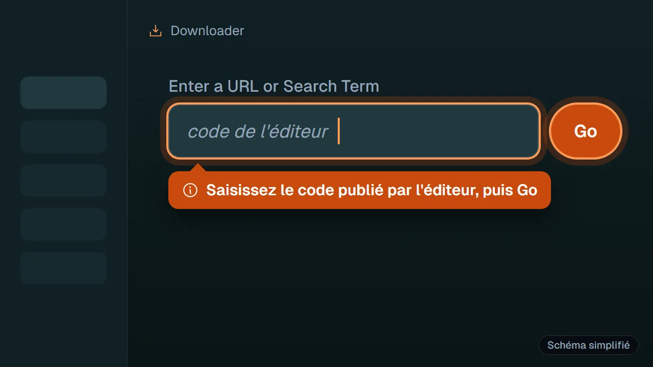 Schéma : Champ de saisie du code dans l'application Downloader sur Android TV