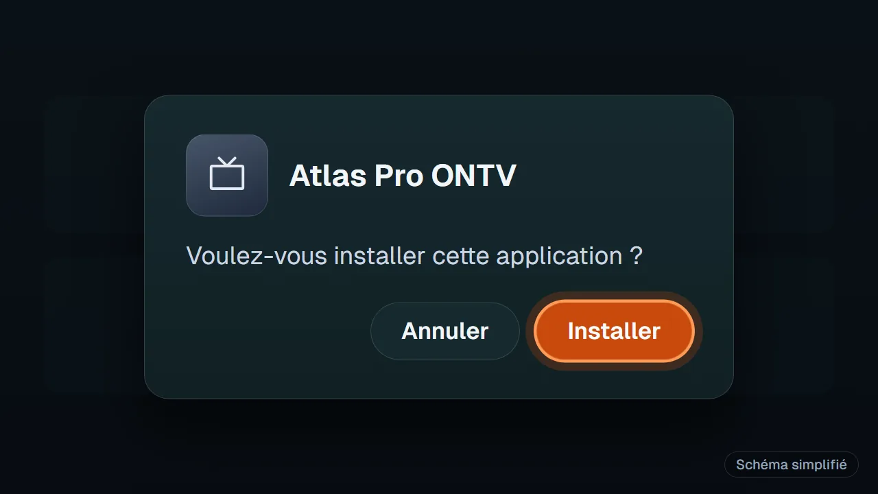 Schéma : Écran de confirmation d'installation de l'APK Atlas Pro sur Android TV