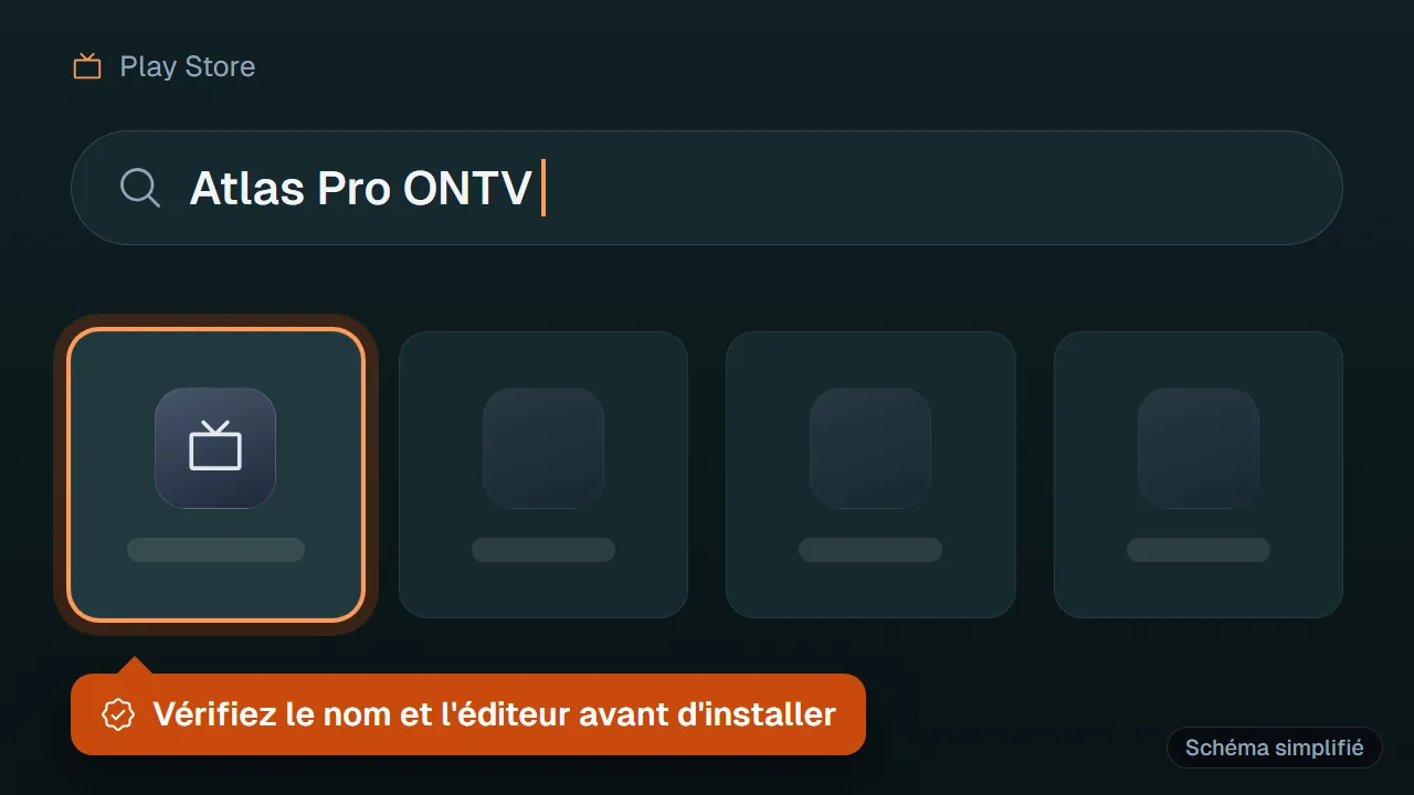 Schéma : Recherche de l'application Atlas Pro ONTV dans le Play Store d'une Android TV