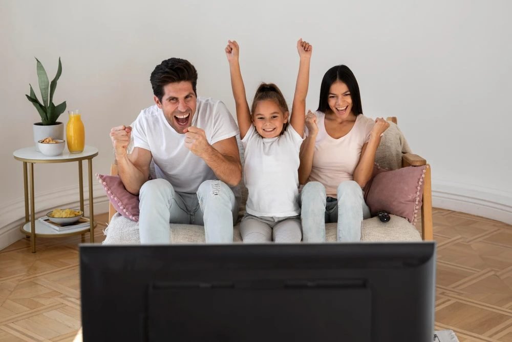 Regarder Atlas Pro sans coupure : une famille devant un match à la télévision